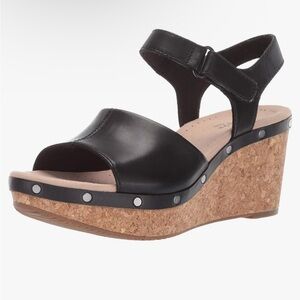 Clarks Annadel Clover Black Wedge Sandals | Size 5.5 | Comfortable Cork Heels